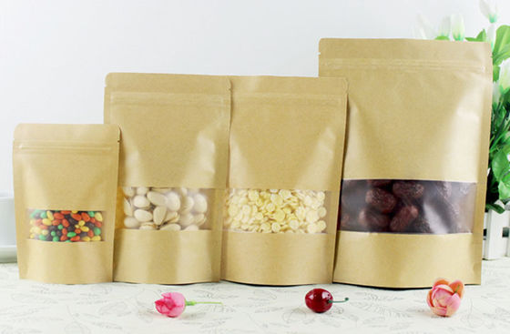 Biologisch abbaubare Braune Aufstehtaschen mit Reißverschluss und Fenster für Lebensmittelverpackungen